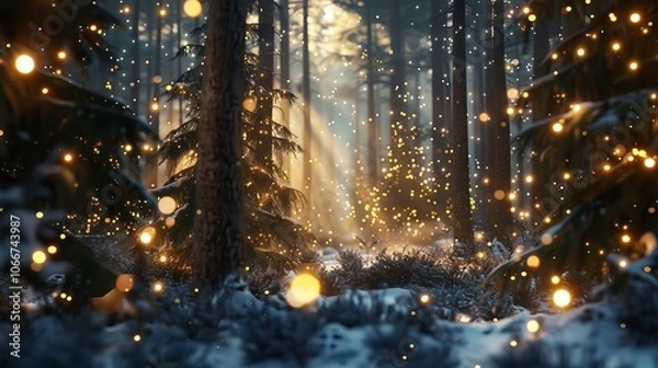 Fototapeta Magical Forest with Christmas Trees and Blurry Glowing Lights