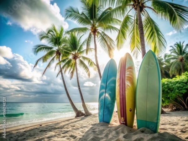 Fototapeta Tropical Surfboards Against Palm Trees on a Beach - Perfect Summer Vacation Vibe with Blue Skies and Sandy Shores