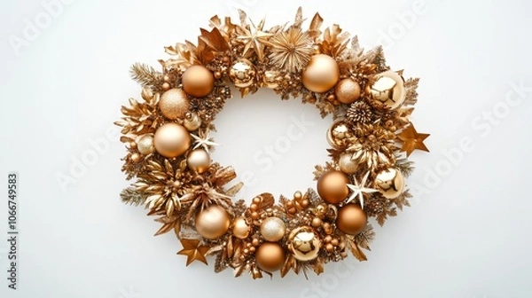 Fototapeta Classic Gold Christmas Wreath with Ornaments, Stars, and Foliage on White Background