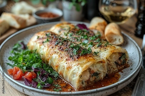 Fototapeta Stuffed Cabbage Rolls with Parsley and Sauce on a White Plate