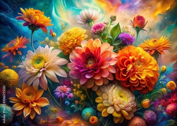 Fototapeta Vibrant Double Exposure Art of Colorful Flower Oil Paintings on Canvas for Digital Art Enthusiasts