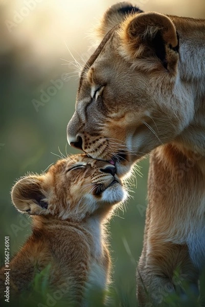 Fototapeta Heartwarming Moment of a Lioness and Her Cub Embracing with Affection, Showcasing the Bond of Motherhood in Nature