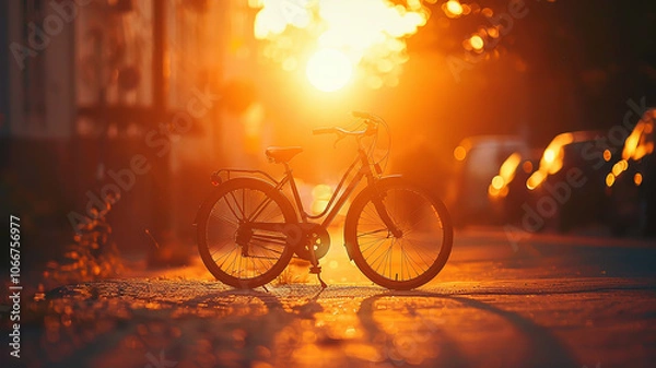 Fototapeta A bicycle in the city at sunset, silhouetted against a warm yellow sunny evening