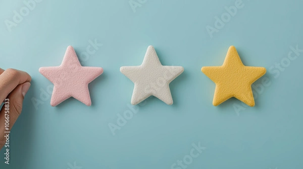 Obraz Hand placing colorful star shapes on a blue background, perfect for creative projects and artistic themes, customer feedback by topics focus on sentiment analysis
