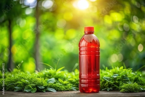 Obraz Vibrant Red Plastic Bottle on a Clear Surface with a Lush Green Background - High Depth of Field Photography for Eco-Friendly Products and Household Items