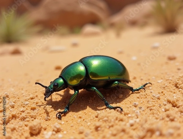 Fototapeta Close-up of a metallic green beetle, its iridescent shell reflecting the desert light.