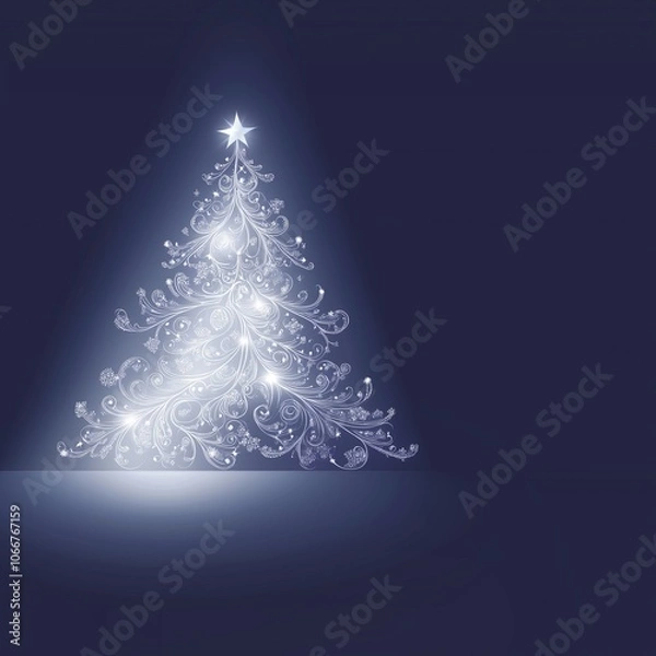 Fototapeta Elegant illuminated Christmas tree design with swirls and star on top against a dark background during winter season