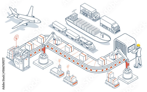 Obraz Global logistics network coordinates transportation, supply chain management (SCM), and operations across companies worldwide to deliver efficient logistics services. Vector illustration EPS 10
