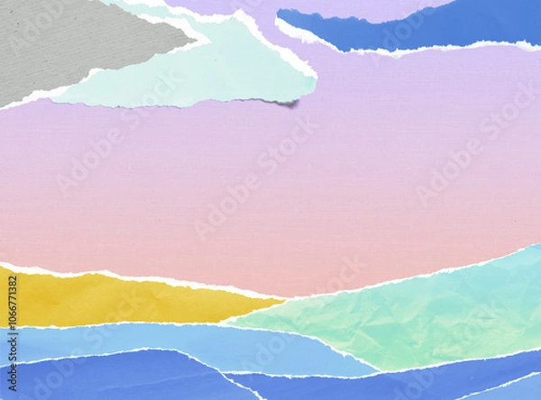 Fototapeta Abstract artistic creative collage with torn deckled paper edges in calm pastel color palette. Fields and meadows with textured copy space. Analog aesthetic art technique