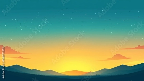 Fototapeta A tranquil sunset over serene mountains with a clear sky and twinkling stars on the horizon during twilight