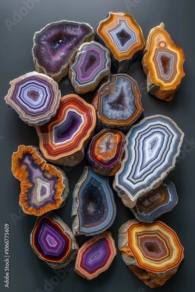 Fototapeta Colorful agate stone slices showcasing unique patterns and vibrant colors arranged artfully on a dark surface, highlighting their natural beauty and geological formation