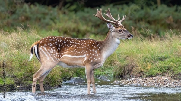 Fototapeta A deer stands gracefully in shallow water, surrounded by lush grass and greenery, showcasing its natural habitat.