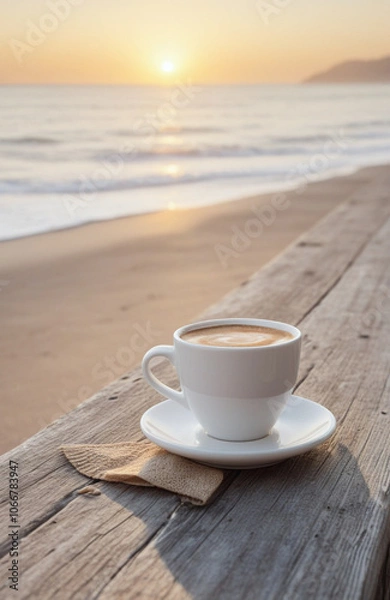 Obraz Beach cafe coffee cup mockup for seaside coffee shop branding.