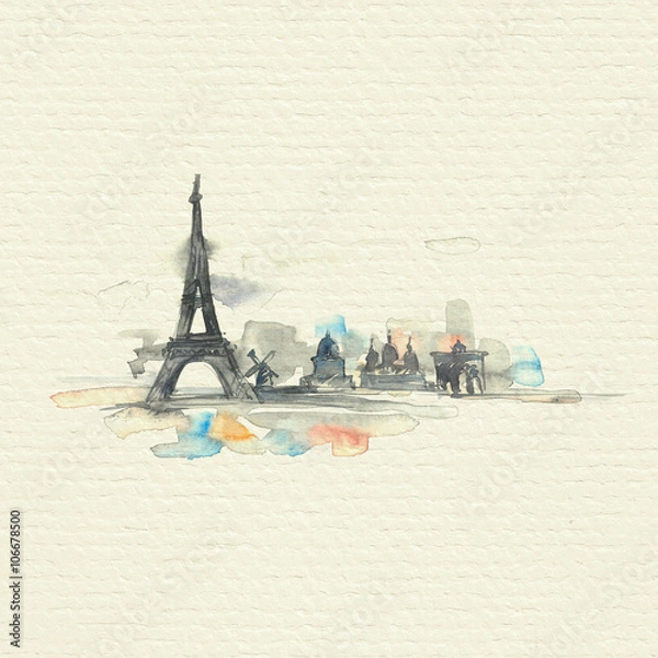 Obraz Paris city painted with splashes of watercolor drops. Watercolor illustration on paper background