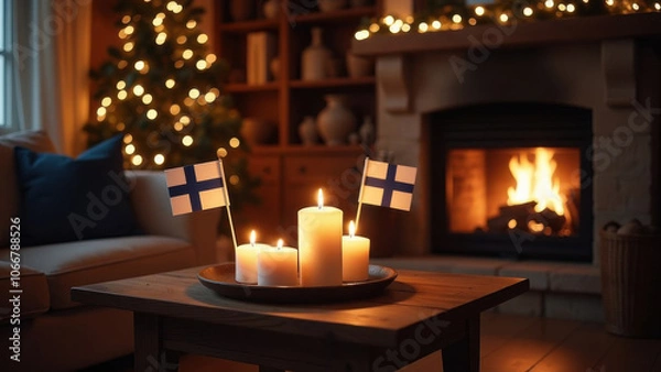 Fototapeta A warm and inviting winter evening features candles, Finnish flags, and a beautifully decorated Christmas tree beside a cozy fireplace