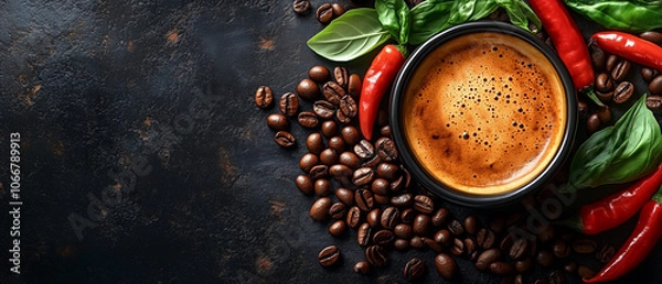 Obraz Cup of coffee with foam, surrounded by coffee beans, red chili peppers, and basil leaves on a dark background
