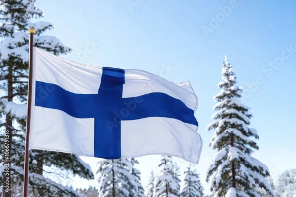 Fototapeta A Finnish flag flutters in the wind, set against a backdrop of snow-covered pine trees under a clear blue sky
