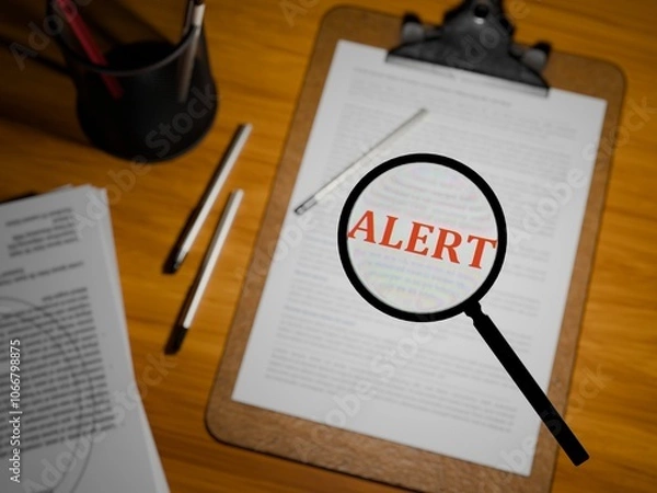 Obraz 3D rendered "ALERT" in bold red text under a magnifying glass on a clipboard paper, 3D rendered on a table.