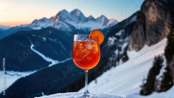 Fototapeta Relax and savor a refreshing cocktail with breathtaking mountain views. Perfect for showcasing alpine leisure and indulgence in a winter wonderland