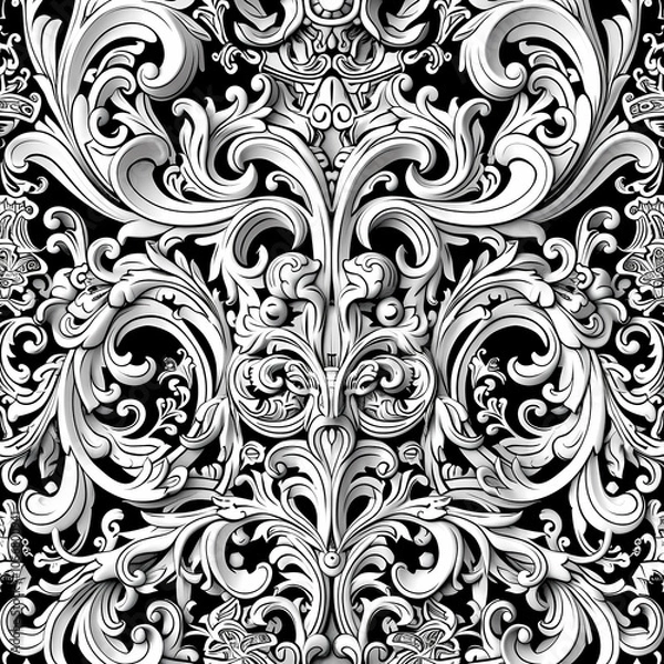 Fototapeta Intricate black and white ornate design featuring elegant scrollwork and floral motifs, creating a luxurious and sophisticated aesthetic.