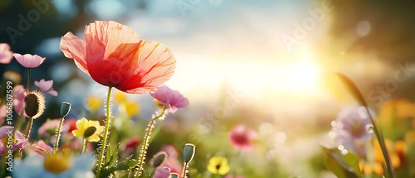 Obraz Poppy field at sunrise petals shimmering set