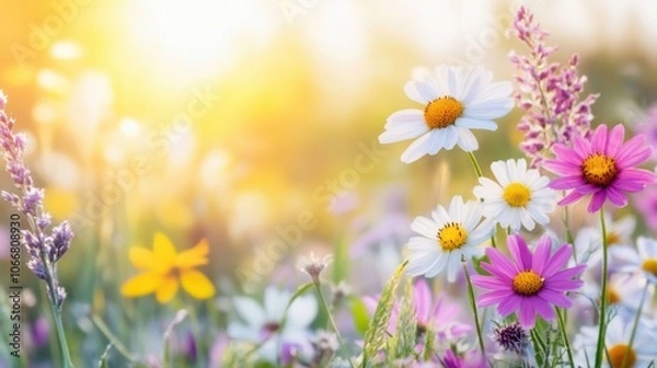 Fototapeta Colorful wildflowers flourish in a meadow, illuminated by the soft, golden light of the sunset, offering a peaceful and vibrant view