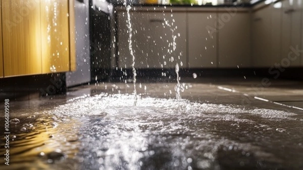 Fototapeta A broken water pipe in the kitchen is causing water to gush onto the floor, leading to a flooding situation that requires immediate attention