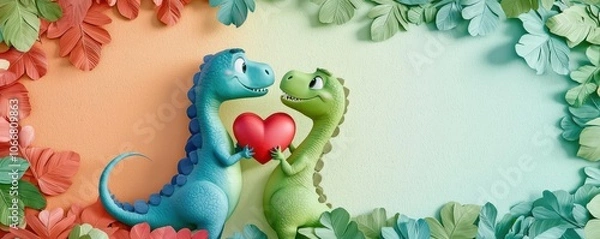 Fototapeta Go Beyond Ordinary, Visualize Dinosaurs in Love with Heart-Shaped Leaves, Spectacular Wide-Angle View