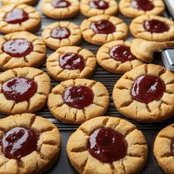 Fototapeta Freshly Baked Golden Brown Thumbprint Cookies with Vibrant Red Jam Filling on a Baking Sheet