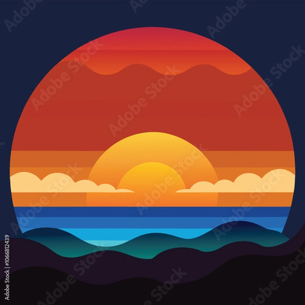 Fototapeta Vector illustration of a round frame with a sunset landscape