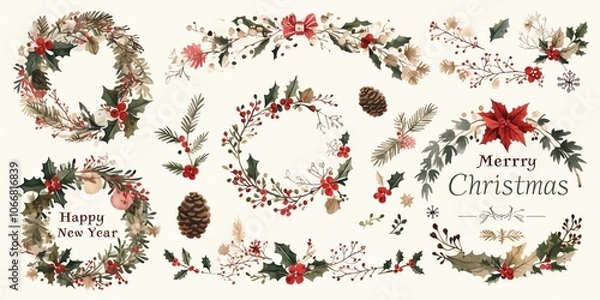 Fototapeta Watercolor Christmas Cards with Winter Wreaths, Pine Cones, and Holly Berries – Simple, Minimalist Design Featuring 'Merry Christmas' and 'Happy New Year' on White Background