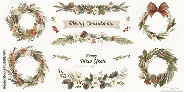 Fototapeta Watercolor Christmas Cards with Winter Wreaths, Pine Cones, and Holly Berries – Simple, Minimalist Design Featuring 'Merry Christmas' and 'Happy New Year' on White Background
