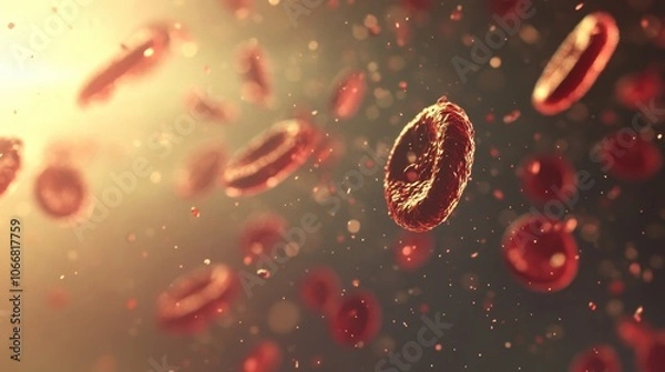 Fototapeta 3D illustration of red blood cells floating in golden light, highlighting the beauty and complexity of human biology and health.