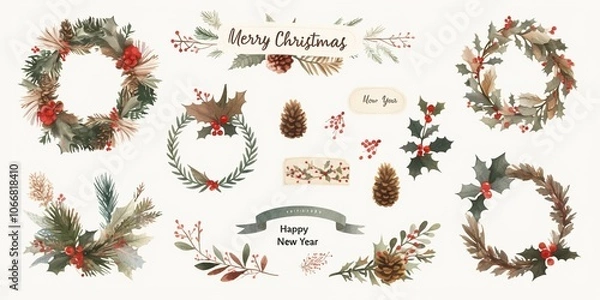 Fototapeta Watercolor Christmas Cards with Winter Wreaths, Pine Cones, and Holly Berries – Simple, Minimalist Design Featuring 'Merry Christmas' and 'Happy New Year' on White Background