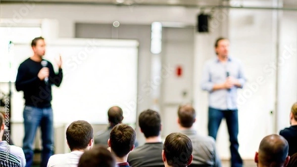 Fototapeta Startup Pitch Blur - Background blur of a pitch event with startup founders presenting.
