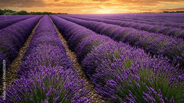 Fototapeta Rows of lavender flowers in a field at sunset.