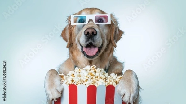 Fototapeta Golden Retriever in 3D Glasses with Popcorn Box, Playful Scene
