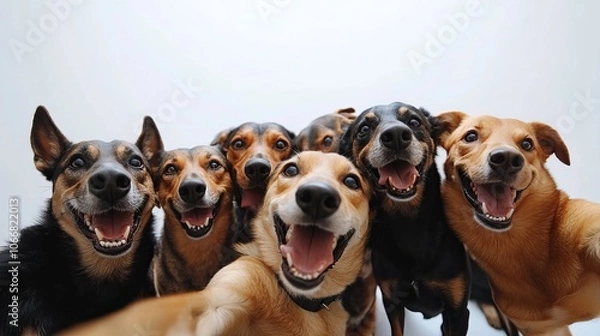 Fototapeta  team group row of dogs taking a selfie isolated on white background, smile and happy snapshot