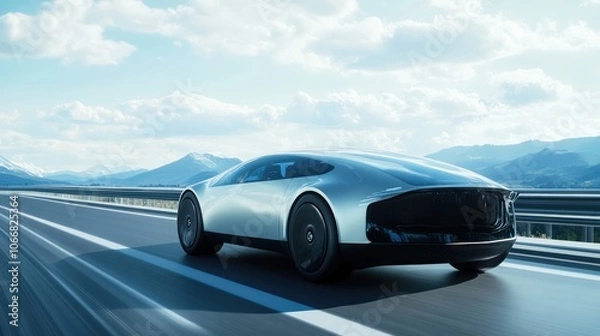Fototapeta A sleek, futuristic autonomous car driving smoothly on an open highway