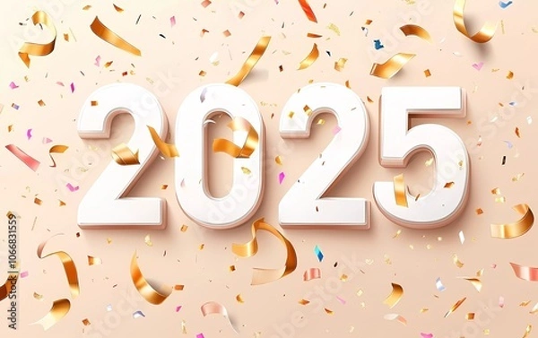 Fototapeta Vector illustration of white numbers "2025" with golden ribbons and confetti on a beige background. Happy New Year banner design for a web poster or greeting card template