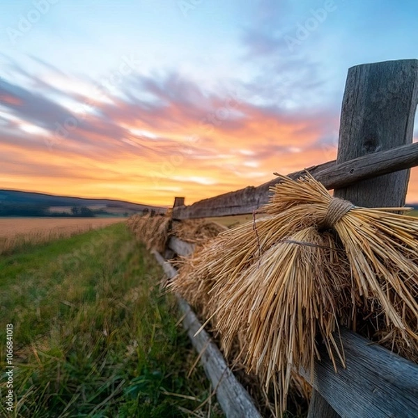 Obraz Rural fence with straw bundles, countryside landscape, sunset glow