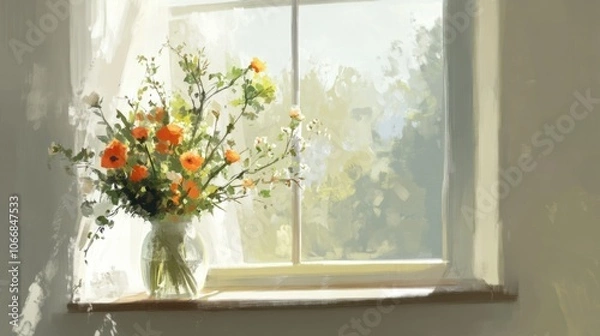 Fototapeta Fresh flowers in a vase by a bright window, symbolizing a calm and joyful Sunday morning