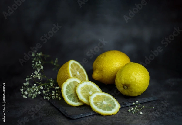 Obraz still life of lemons and white flowers on the vintage table on a dark background