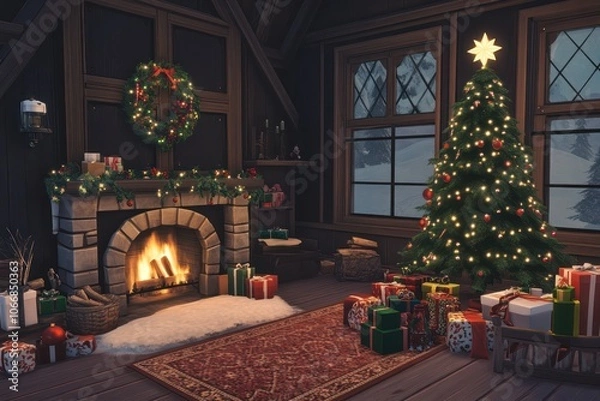 Fototapeta A Christmas room with a tree, gift boxes, and a cozy fireplace with festive lights.