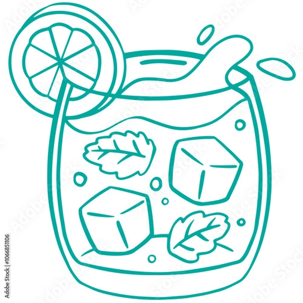 Fototapeta Line art illustration of a glass of mojito, coloring page bar menu