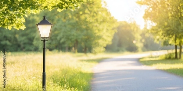 Fototapeta A street lamp in a sunlit park pathway surrounded by lush greenery.