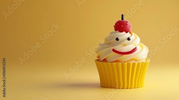 Fototapeta A cupcake with a cherry on top and a smiley face made with icing.
