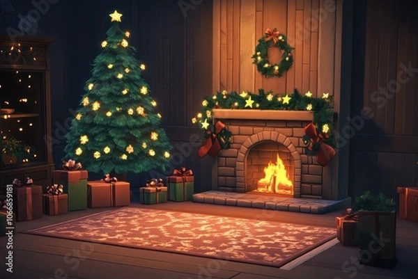 Fototapeta A festive Christmas room with a glowing tree, gifts, and a cozy fireplace.