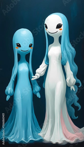 Fototapeta Two enchanting characters in pastel colors stand close, displaying charming smiles and long, flowing hair