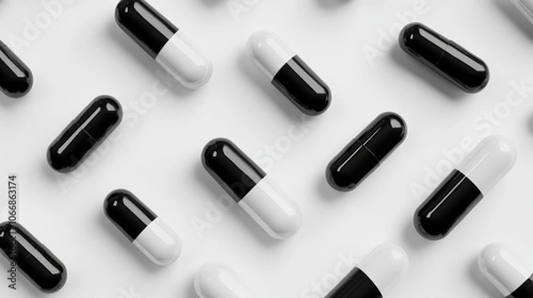Fototapeta Black and white pills displayed against a white background shown from a perspective angle
